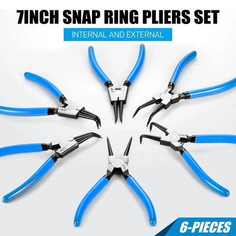 Six Piece 7 Inch Snap Ring Pliers Set With 0 Degree 45 Degree And 90 Degree Angled Jaws arranged in a circle