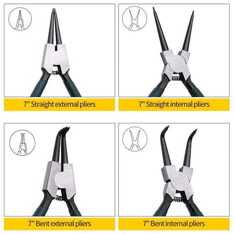 7 inch snap ring pliers set 4 pcs internal & external straight and bent jaw displayed in four sections