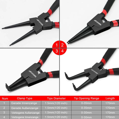 Snap Ring Pliers Set, Heavy Duty 4PCS-7 inch with straight and bent jaw tips for C-Clip ring removal, top view of all pliers