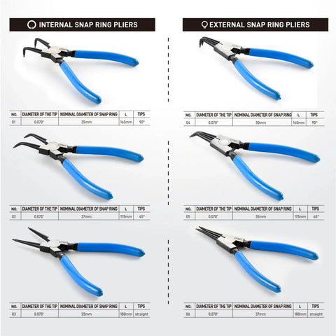 Six Piece 7 Inch Snap Ring Pliers Set With 0 Degree 45 Degree And 90 Degree Angled Jaws For Internal And External Retaining Rings
