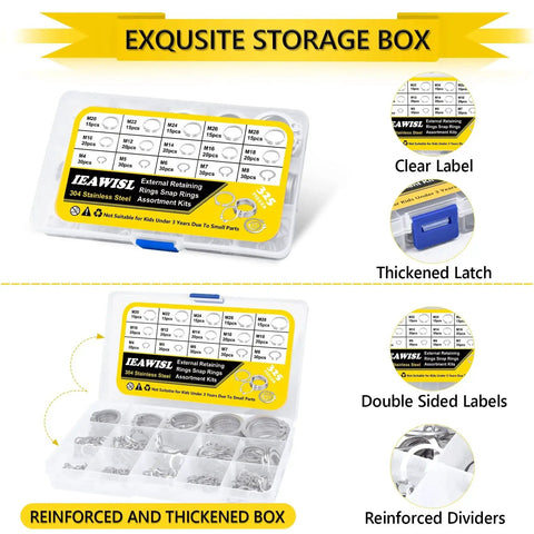325 Piece Snap Ring Set For Axles And Shafts External Circlips C Clip Assortment Kit In 15 Sizes shown in storage box