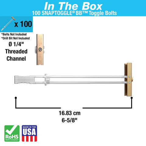 TOGGLER SNAPTOGGLE BB Toggle Anchors, Zinc Plated Steel, 3/8 to 3-5/8 Inch Grip, 1/4-20 UNC, pack of 100, box contents image