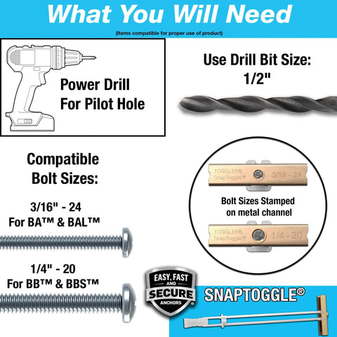 Graphic showing installation tools for TOGGLER SNAPTOGGLE Drywall Anchors 100 Pack, includes drill bit and compatible bolt sizes.