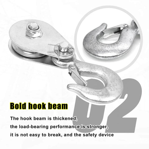 Pulley Hook (1Tons/2,200 LBS) Snatch Block with Hook showing thickened hook beam and close-up of hook and pulley.