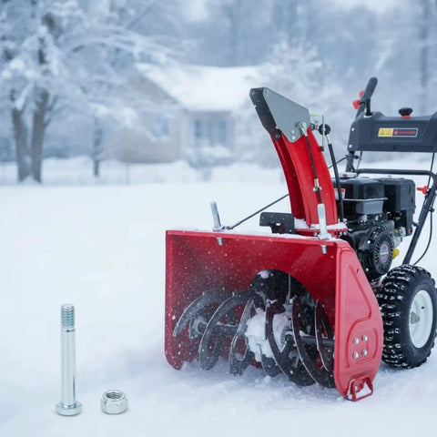 1/2-13 Nuts Bolts Assortment With 3/4 Inch Head and locking nylon nut beside red snow blower in snowy outdoor scene