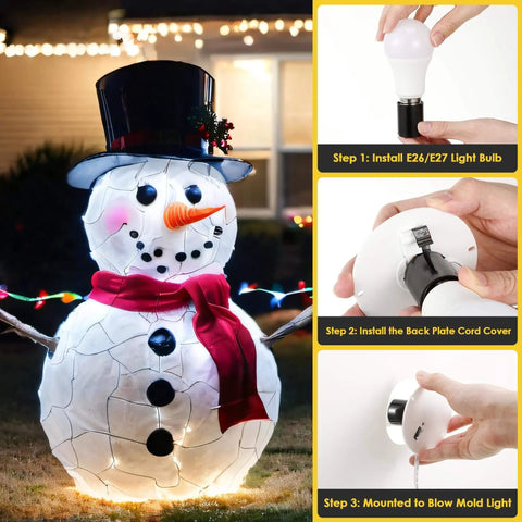 Snowman decor with instructions on using 2 Pack Blow Mold Light Kit Replacement With E27 And E26 Sockets Two Fuse Plugs Easy Install For Indoor Outdoor Christmas Village House And Inflatable Decor Meonum