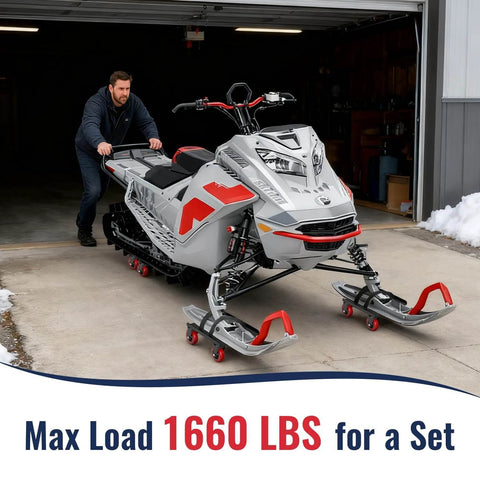 Heavy duty snowmobile dolly set of 3 with 3 inch caster wheels, V slide steel dollies moving sled with rubber ski pads, 1660 lb capacity