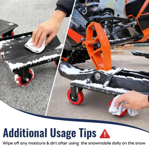 Heavy duty snowmobile dolly set of 3 with 3 inch caster wheels being cleaned after use