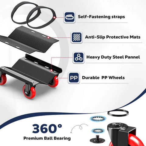 Heavy duty snowmobile dolly set of 3 with 3 inch caster wheels, V slide steel dollies, rubber ski pads, and adjustable straps features