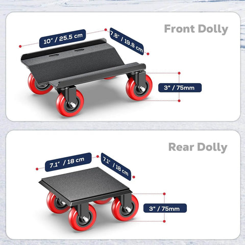 Heavy duty snowmobile dolly set of 3 with 3 inch caster wheels, front and rear views, V slide steel dollies, 1660 lb capacity
