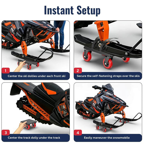 Heavy duty snowmobile dolly set of 3 with 3 inch caster wheels, V slide steel dollies, rubber ski pads, adjustable straps in use