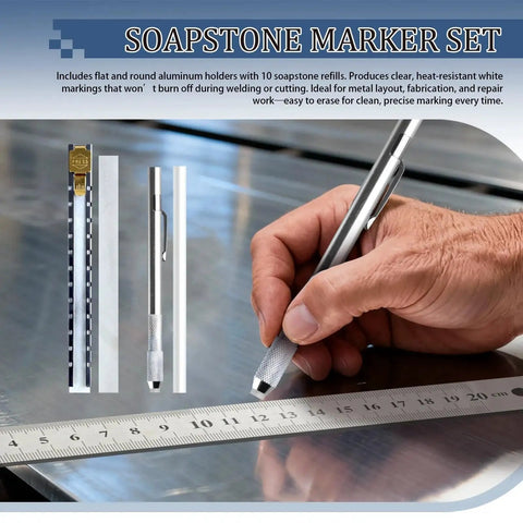 Close-up of hand using soapstone holder on metal, part of Comprehensive 22 Piece Welding Accessories Kit With Heavy Duty Chipping Hammer Soapstone Holder 16 Foot Tape Measure 50 Pound Magnet Triple Flint Striker Torch Cleaner Wire Brush And More.