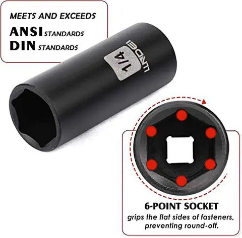 6-point socket from 52 Piece One Quarter Inch Drive Impact Socket Set With 72 Tooth Ratchet And Adapters LLNDEI Chrome Vanadium Steel Sockets CR-V Metric And SAE Storage Kit