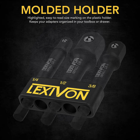 Impact Grade Socket Adapter Set With 3 Inch Extension Bit Holder, 3 Piece Drive Set For One Quarter Inch, Three Eighth Inch And One Half Inch