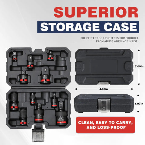 11 Piece Impact Socket Adapter Set With One Quarter Inch Drive, Three Eighth Inch Drive And One Half Inch Drive, storage case open