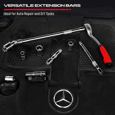 Four Piece Three Eighths Inch Drive Socket Extension Bar Set With Three Six And Ten Inch Extensions And Universal Joint Sockets