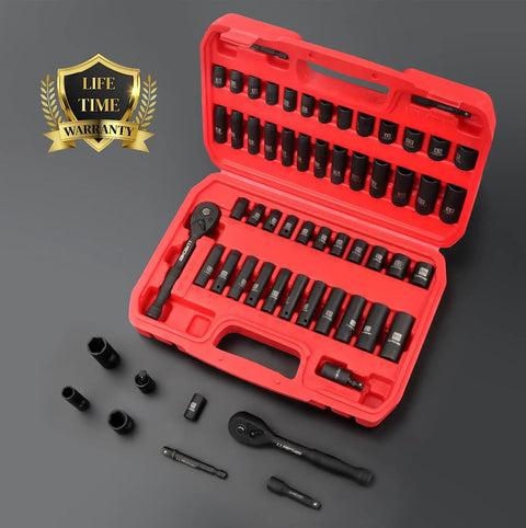 52 Piece One Quarter Inch Drive Impact Socket Set With 72 Tooth Ratchet And Adapters LLNDEI CR-V Metric And SAE in red case
