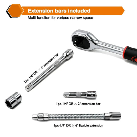 Extension bars from 46 Piece One Quarter Inch Drive Socket Ratchet Wrench Set With Bit Sockets Metric Extension Bar And Storage Case