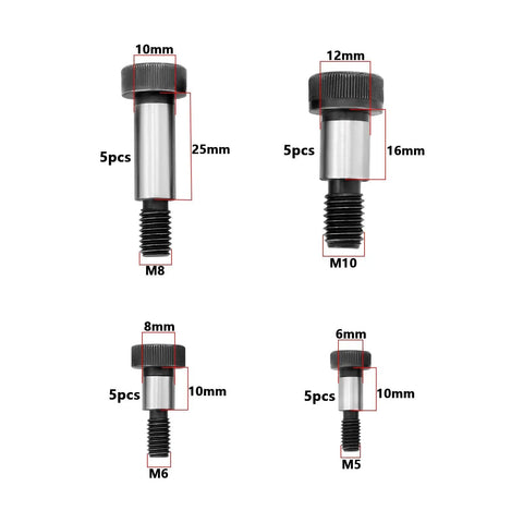 20Pcs Socket Shoulder Bolts Set M5x6x10mm M6x8x10mm M8x10x25mm M10x12x16mm High Tensile 12 Point 9 Carbon Steel Industrial Fasteners