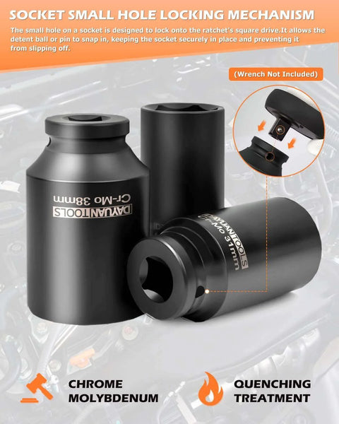 Close-up of 9 Pcs Axle Nut Hub Impact 1/2" Drive Socket Set with chrome finish and socket locking mechanism on engine background