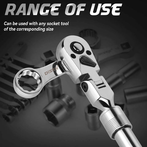 Chrome ratchet wrench with close-up of gear mechanism and various socket tools, highlighted by text 'Range of Use' on black background.