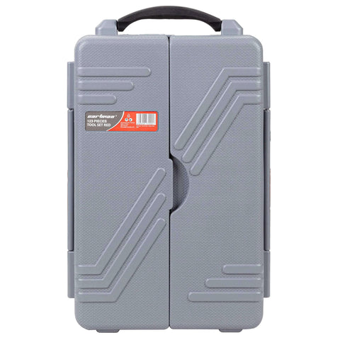Front view of a gray storage case for 123 Piece Socket Wrench Set For Auto Repair And DIY Projects With Chrome Plated Tools.