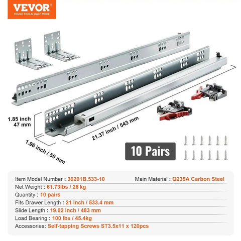 10 Pairs 15 18 21 Inch Soft Close Bottom Mount Drawer Slides With Heavy Duty Ball Bearing Full Extension Steel Tracks, 21-Inch focus