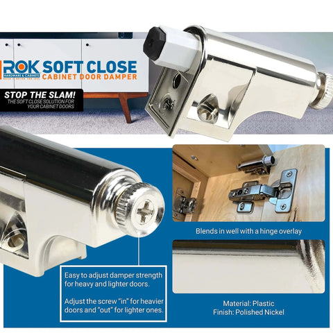 10 Pack Rok Hardware Soft Close Damper for Cabinet Doors, polished nickel finish, compact design, adjustment dial detail, SCD103.