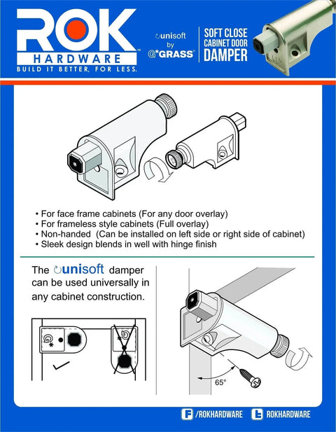 Illustration of 10 Pack Rok Hardware Soft Close Damper for Cabinet Doors/Compact with installation diagram in polished nickel finish.