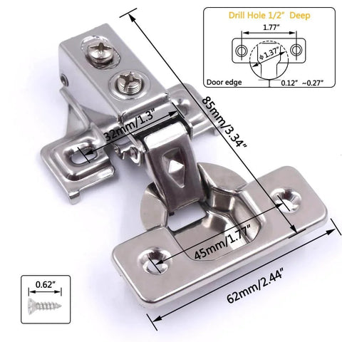 Close-up of 2 Pack Soft Close Cabinet Door Hinges for 1/2" Partial Overlay Cupboard, stainless steel with measurements and screws shown.