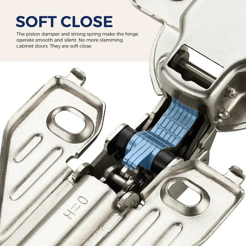 Close-up of Full Overlay Cabinet Door Hinges with Soft Close Damper, showing 105 Degree Adjustable Concealed design for face frame cabinets.
