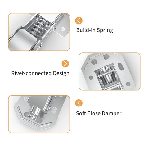 Detailed view of 4 Pack 90 Degree Soft Close Surface Mount Spring Hinges with rivet-connected design and soft close damper features.
