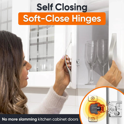 Person using soft close cabinet hinges for half inch overlay kitchen cabinets with quiet close damper, no slam, Decobasics