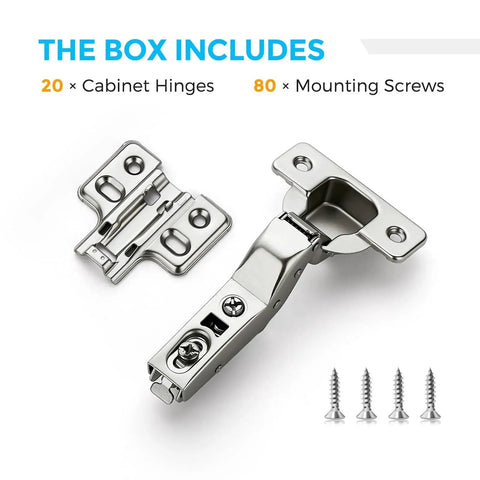 Heavy Duty European Insert Soft Close Cabinet Hinges 20 Pack For Frameless Cabinets with screws, shown in detail.