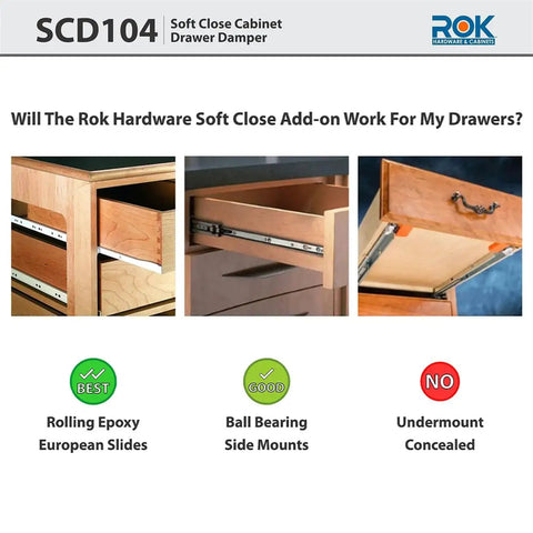 Compatibility chart showing 10 Pack Soft Close Drawer Adapters For Wood Drawers White Retrofit Kit with slides.