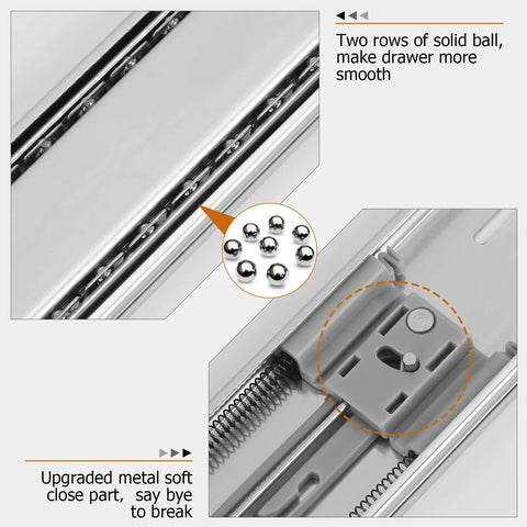 Close-up of Soft Close Drawer Slides 22 Inch Side Mount Heavy Duty Cabinet Drawer Glides 10 Pairs - Ball Bearing Full Extension