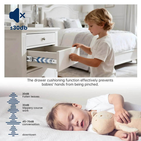 Child using soft close heavy duty drawer slides 22 inch, 10 pairs 100lb load capacity in bedroom, highlighting safety features.