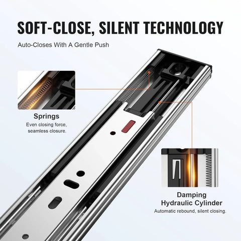Close-up of Soft Close Drawer Slides Set With Heavy Duty Ball Bearing Full Extension Side Mount Rails showing springs and hydraulic cylinder.