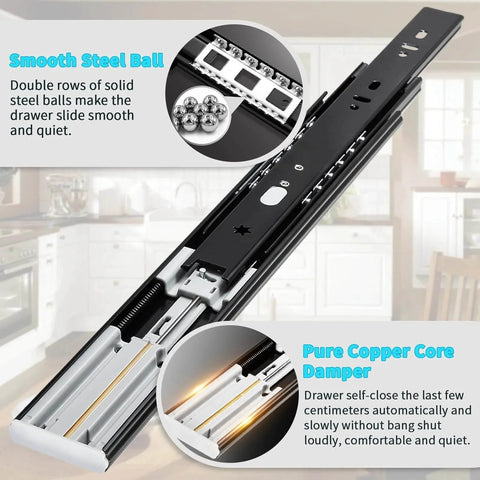 Soft Close Drawer Slides Full Extension Side Mount 12 14 16 18 20 22 24 inch Ball Bearing Metal Rails Track Guide Glides Runners Heavy Duty 100 Pound (Soft Close- 1 Pr, 12 Inch) with steel balls and copper damper