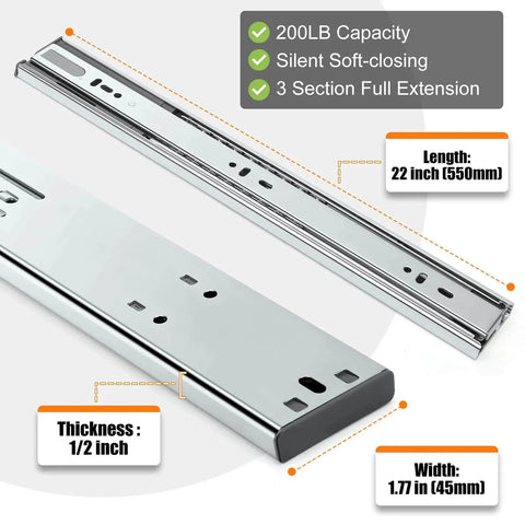 1 Pair | Soft Close Drawer Slides 22 inch, HBL’ Heavy Duty, Ball Bearing Full Extension, 200 LB Capacity, Cold-Rolled Steel, Rust-Resistant