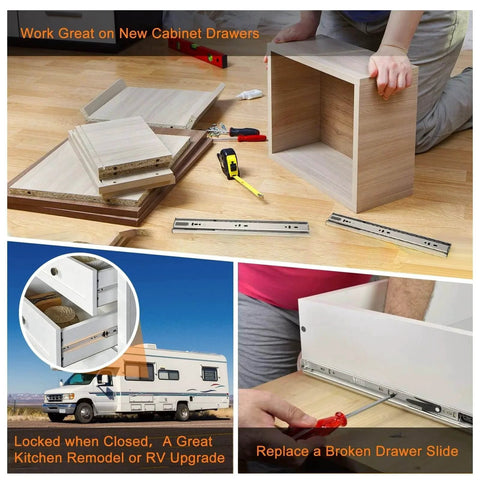 Installation of 1 Pair | Soft Close Drawer Slides 22 inch, HBL’ Heavy Duty Cabinet Drawer Slides Replacement with tools and wood cabinet.