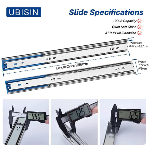 Specifications for Soft Close Ball Bearing Drawer Slides 22 Inch Five Pairs Three Section Full Extension Heavy Duty Steel