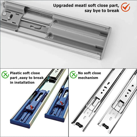 Side-by-side comparison of upgraded metal soft-close and standard drawer slides for Soft Close Drawer Slides 22 Inch Side Mount Heavy Duty Cabinet Drawer Glides 10 Pairs - Ball Bearing Full Extension Kitchen Cabinet Rails 100 LB Capacity.
