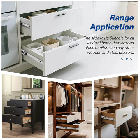 Collage showing 6 Pairs Soft Close Drawer Slides 20 Inch, installed in kitchen, dresser, and closet cabinets.