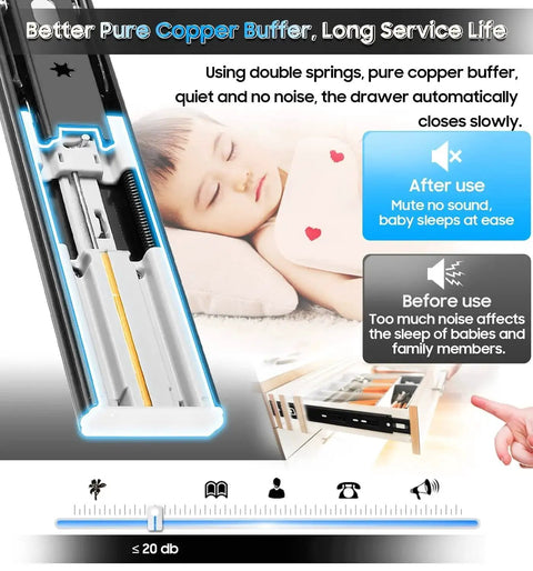 Image of Soft Close Drawer Slides Full Extension Side Mount Ball Bearing Metal Rails with quiet operation, child sleeping.