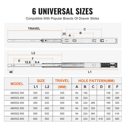 Size chart of Soft Close Drawer Slides Set With Heavy Duty Ball Bearing Full Extension Side Mount Rails for various lengths.