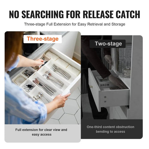 Comparison of three-stage and two-stage drawer extensions, part of 10 Pairs 15 18 21 Inch Soft Close Bottom Mount Drawer Slides with 100 lbs capacity