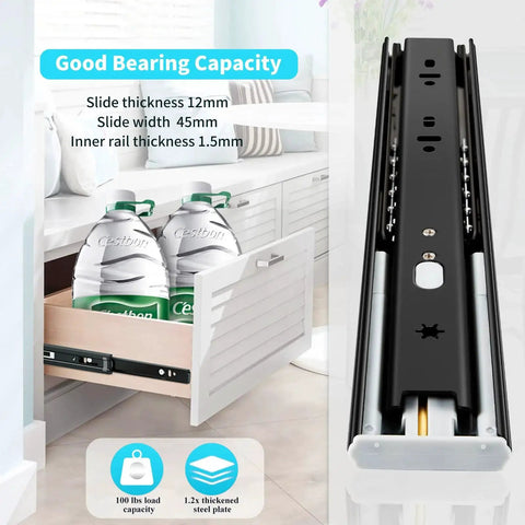 Soft Close Drawer Slides Full Extension Side Mount Ball Bearing Metal Rails shown on open cabinet drawer with bottles