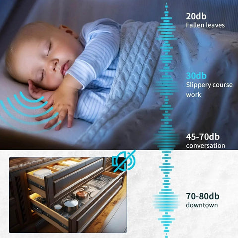 Sleeping baby with noise levels and Soft Close Drawer Slides Full Extension Side Mount 12 14 16 18 20 22 24 inch Ball Bearing Metal Rails.