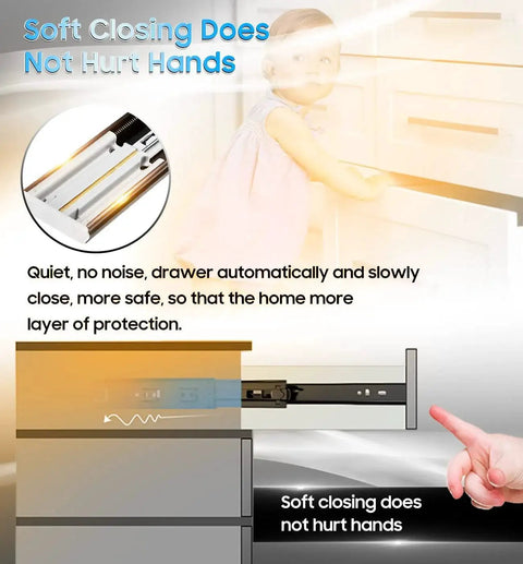 Soft Close Drawer Slides Full Extension Side Mount Ball Bearing Metal Rails illustration showing quiet closing feature